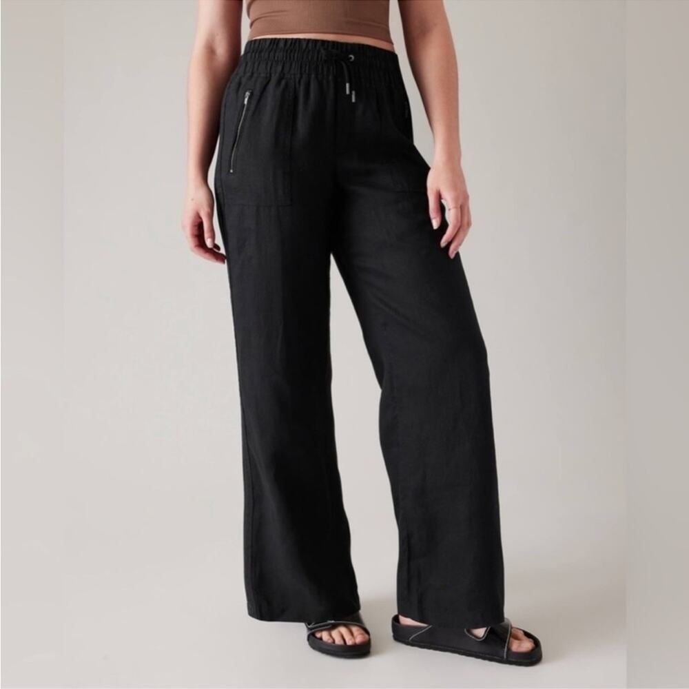 Athleta Cabo Pants Womens 8P Black Linen Wide Leg